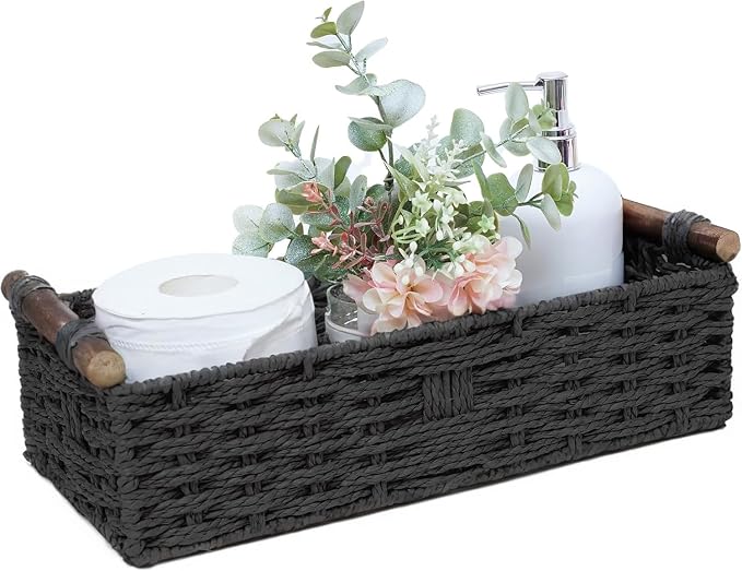 Round Paper Rope Storage Basket Wicker Baskets for Organizing with Handle Decorative Storage Bins for Countertop Toilet Paper Basket for Toilet Tank Top Small Baskets,Black