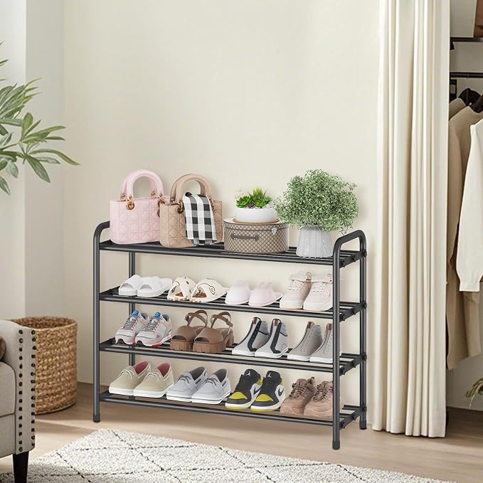 KANAV 4-Tier Expandable Shoe Rack – Adjustable Shoe Organizer & Shoe Storage for Closet, Entryway, and Front Door – Space-Saving Shoe Shelf and Rack Organizer for Home - Black