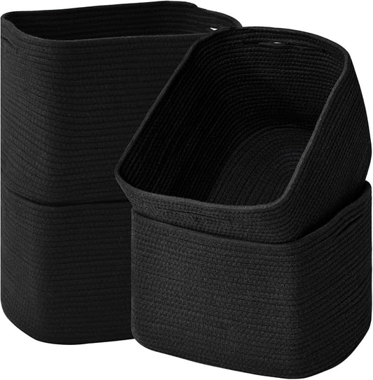 ICERZCZ Storage Baskets for Organizing & Shelves, Woven Cotton Rope Organization Bins for Dog Toys, Clothes, Books, Nursery Organizer, 15" Lx11''Wx9.5''H, (4 Packs) Black