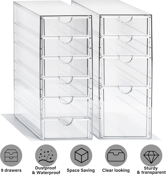 Prsildan Hair Accessories Organizer Acrylic Drawer with 10 Drawers | Clear, Craft Art Supply Storage, For Office Desk Bathroom Vanity Countertop, Set of 2