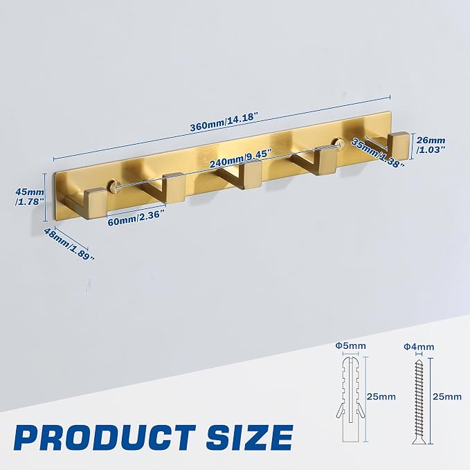 Alise Gold Coat Hooks Wall Mounted,Hat and Coat Rack with 5 Hooks | Self Adhesive or Drilling,SUS304 Stainless Steel Wall Hooks for Hanging,Key Hooks for Robes,Bags,Keys,and Towels