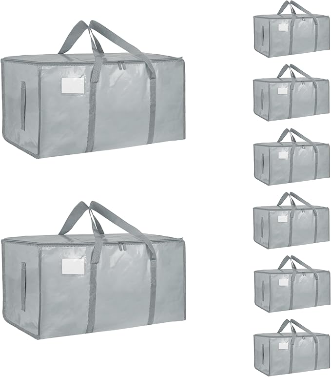 8 Pack-Extra Large Heavy Duty Moving Bags - Waterproof Storage Totes with Handles & Zippers, Foldable for College Dorm, Storage (light gray)