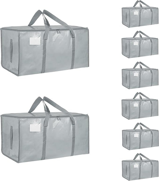 8 Pack-Extra Large Heavy Duty Moving Bags - Waterproof Storage Totes with Handles & Zippers, Foldable for College Dorm, Storage (light gray)