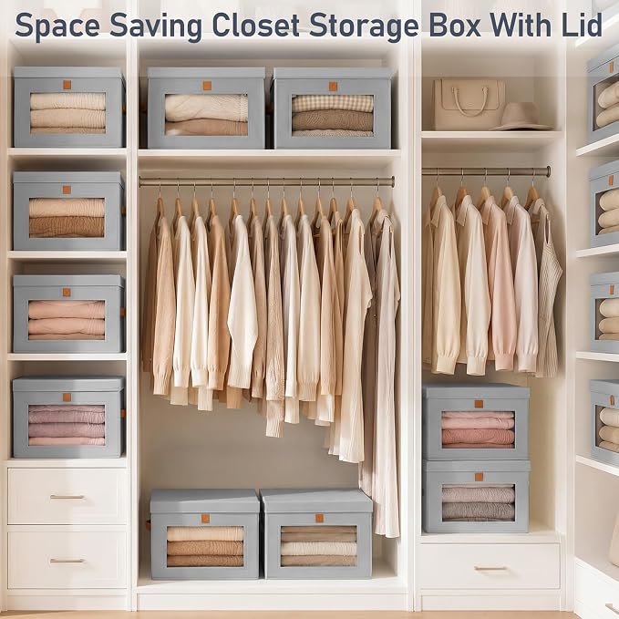 DIMJ Storage Bins with Lids - 6 Pack Front Opening Stackable Fabric Storage Boxes with Clear Window & Handles, Collapsible Closet Organizers for Clothes, Sweaters, Shelf Storage, Bedroom, Gray