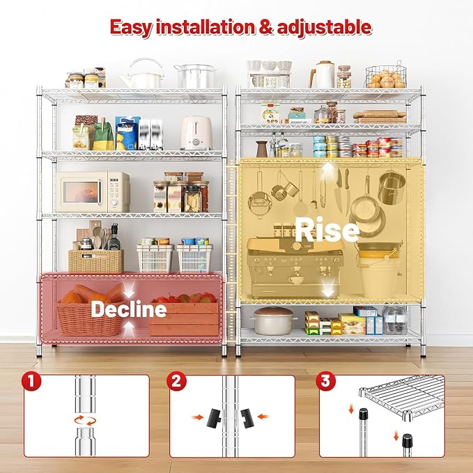 REIBII 5-Tier 1200LBS Metal Shelving, 71" H Adjustable Storage Shelf,Chrome | 19.1mm diameter rods, 240 lbs/shelf, adjustable shelf with leveling feet, tool-free setup,fits kitchen/bathroom