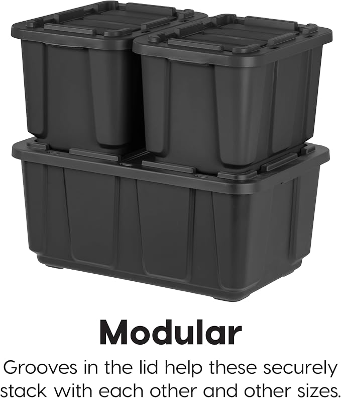 IRIS USA 4-Pack 27 Gal Heavy Duty Storage Tote Bins with Lids, Black | Large-capacity design handles moving, garage storage and bulky equipment, Stackable shape maximizes available space