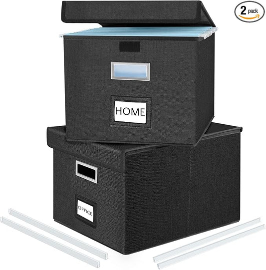 File Organizer Box with Lids, Collapsible File Folder Organizer | File Box with Plastic Slides for Office Document Storage, Filing Bin for Letter Size Hanging File Folders (2 Pack, Black)