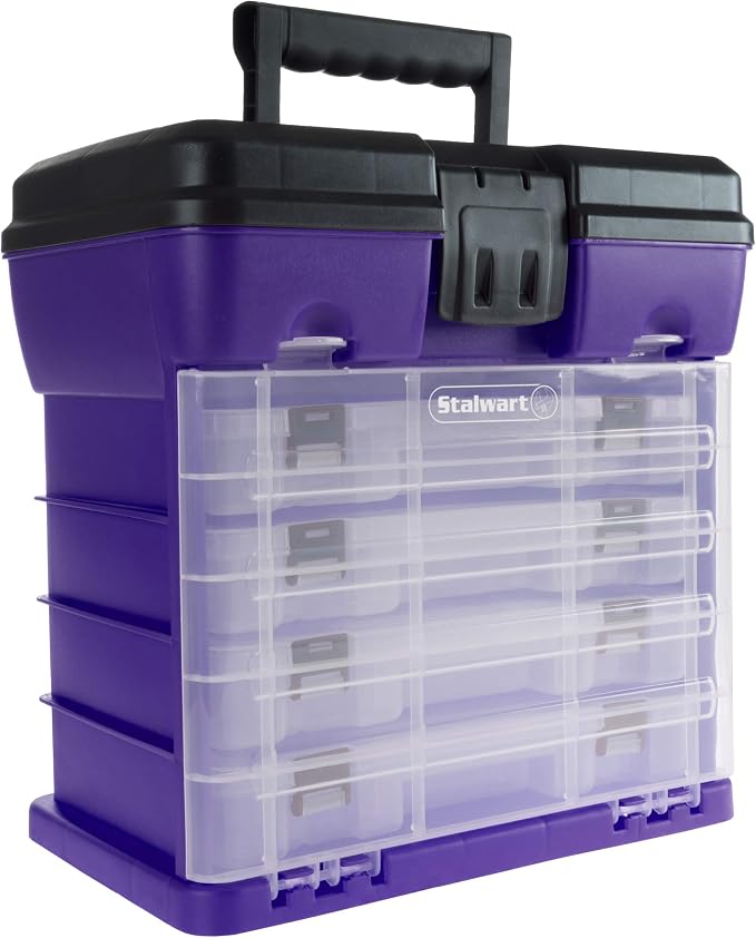 Storage and Tool Box-Durable Organizer Utility Box-4 Drawers with 19 Compartments Each for Hardware, Fish Tackle, Beads, and More by Stalwart (Purple) | With Drawers and Customizable Compartments for Hardware, Fishing Tackle Box, Beads, or Craft Supplies