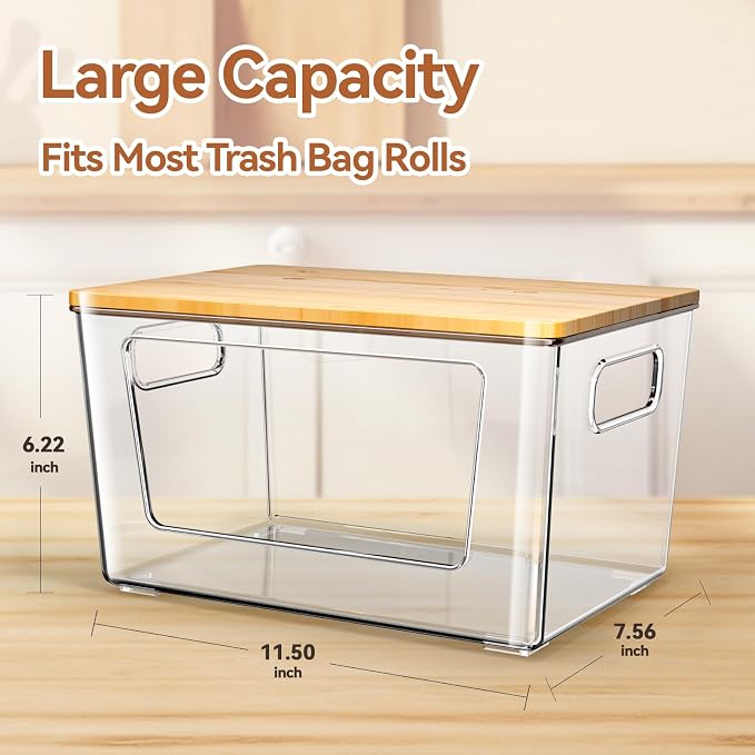 spospo Trash Bag Holder with Bamboo Lid Stackable Trash Bag Dispenser | Extra Large Garbage Bag Holder for Kitchen Laundry Room Under Sink Organization and Storage (1Pack)