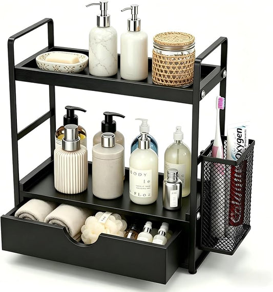 Bathroom Counter Organizer with Basket, Bathroom Organizers and Storage,Skincare Organizers for Vanity,Storage Organizers for Bathroom, Kitchen, Dresser (Black with Drawer)