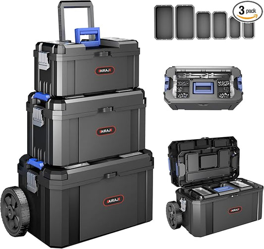 3 IN 1 Rolling Tool Box With Wheels,Stackable Tool Box,Modular Tools Storage Organizer,Top Small Parts Organizer Design,With Removable Small Parts Box,for Home,Repair,Garage Storage,17 IN+19 IN+21 IN