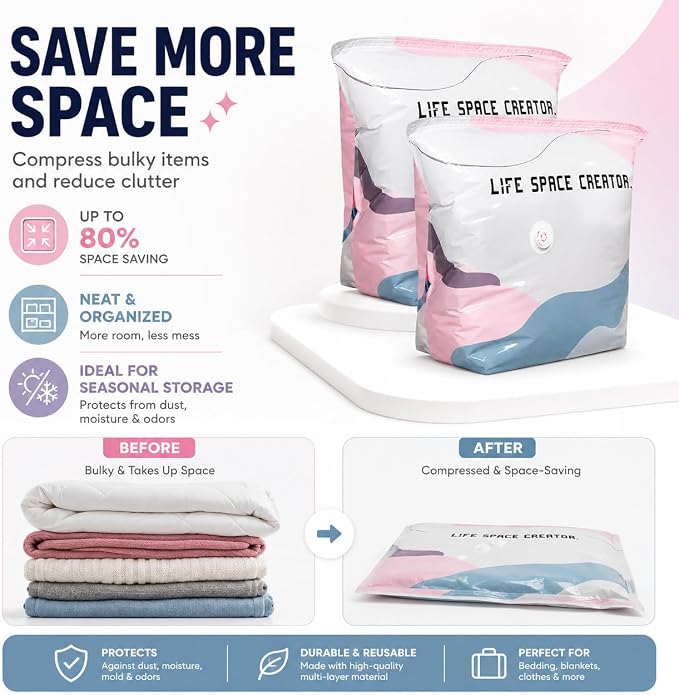 No-Pump Vacuum Storage Bags, 2026 New Space Saver Compression Bags for Clothes, Portable Large Cube Storage Bags for Comforters, Blankets, Bedding and Seasonal Items (19.6 * 27.5in, 4)