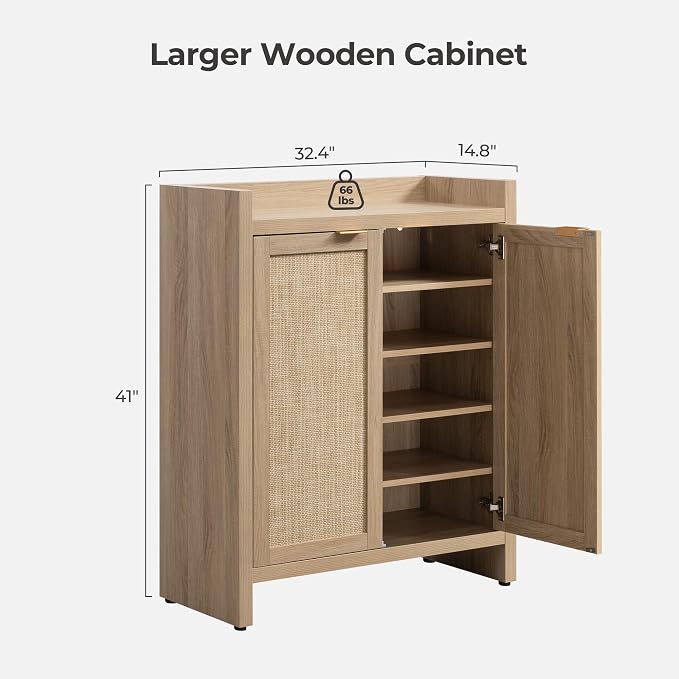 SICOTAS Shoe Cabinet Set of 2 Large Capacity Shoe Storage Organizer Cabinet | Tall Rattan Shoe Cabinet with Doors and Shelves, 6-Tier Farmhouse Boho Wooden Storage Cabinet for Entryway, Light Oak