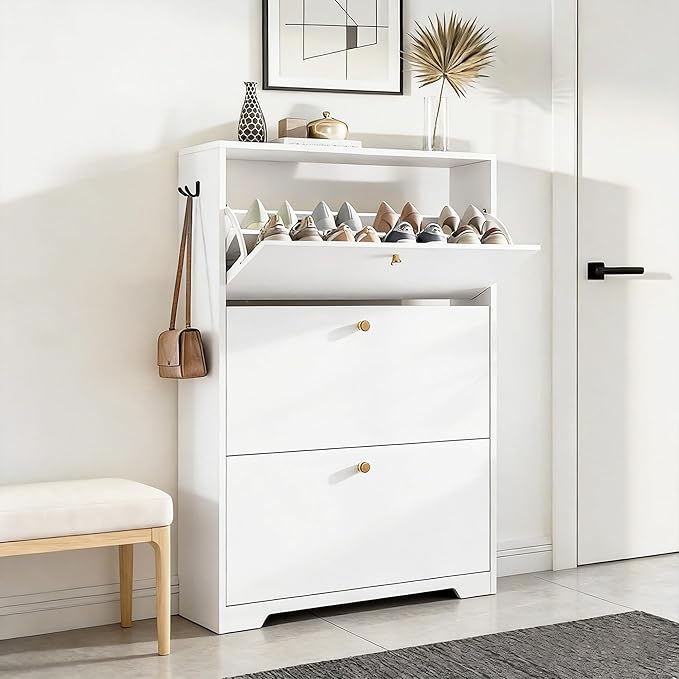 Nicetree Shoe Cabinet with 3 Flip Drawers, Modern Entryway Organizer, White | Narrow Shoe Organizer, Freestanding Shoe Rack Cabinet, Modern Shoe Storage Cabinet for Entryway, Hallway, Foyer, With Hook