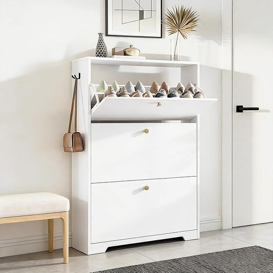 Nicetree Shoe Cabinet with 3 Flip Drawers, Modern Entryway Organizer, White | Narrow Shoe Organizer, Freestanding Shoe Rack Cabinet, Modern Shoe Storage Cabinet for Entryway, Hallway, Foyer, With Hook