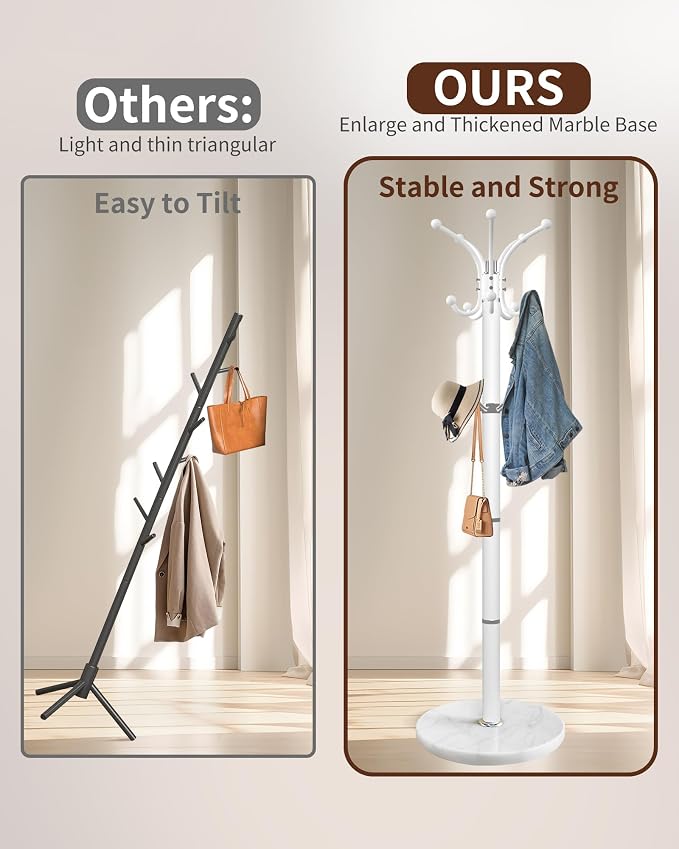 Snaikor Metal Coat Rack Stand with Natural Marble Base, Modern Coat Rack Freestanding, 360°Rotary Coat Racks with 14 Hooks, Heavy Duty Coat Hall Tree Hanger Stand for Entryway, Office