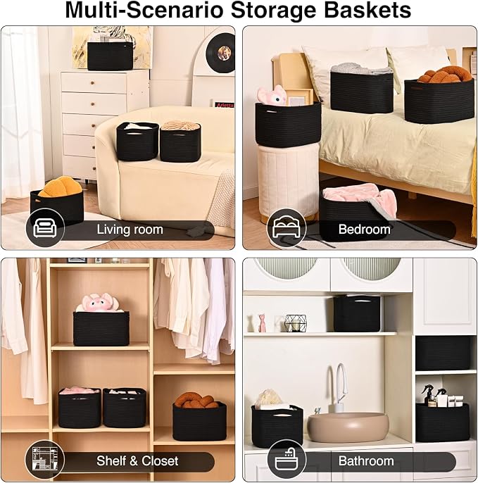 ICERZCZ Black Storage Baskets for Shelves, Small Storage Baskets for Organizing, Woven Cotton Rope Baskets for Storage, Book Basket, Decorative Shelf Basket, 12.5"Lx9.1''Wx7.9''H (4 Packs) Black