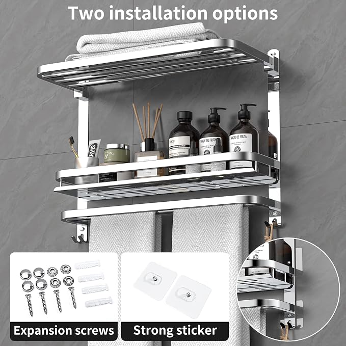 CAXIMSY Towel Rack with Shelf, 22.63" Bathroom Shelf with Double Towel Bars Stainless Steel, Wall Mounted, Foldable Top, 2 Hooks, Adhesive/Screw Install, Space-Saving for Small Bathrooms & Apartments