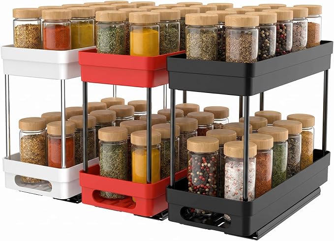 3 Pack Pull Out Spice Rack Organizer for Cabinet, Slide Out Spice Racks Organizer, Spice Cabinet Organizers, Cabinet Size Need:12'' Highx11'' Deepx5'' Wide,Each Tier Hold 10 Spice Jar- 2 Tier,3 Colors