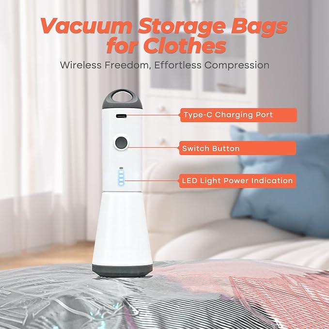Vacbird Vacuum Seal Bags for Clothing with Rechargeable Cordless Pump, 15 Pack Vacuum Storage Space Saver Bags, Compression Packing for Clothes Bedding Blanket Pillows Comforters Luggage Travel
