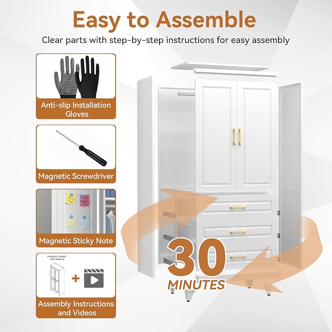 Polup 71" White Metal Armoire Wardrobe Closet with Doors and 3 Drawers | Freestanding Tall Steel Clothing Storage Cabinet, 180lbs Adjustable Shelves, Hanging Rod, for Bedroom, Office, Laundry