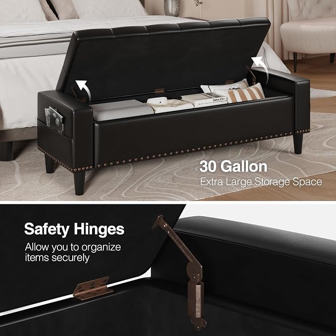 60" Storage Ottoman Bench, Faux Leather Upholstered Bed Bench with Tufted Buttons and Nailhead Trim, Large Ottoman with Storage for King Size End of Bed, Bedroom, Entryway, Hallway (black)