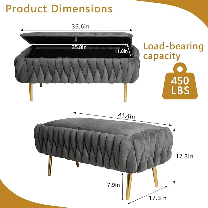 Bench for Entryway 41.3", Bedroom Benches for Foot of Bed, Ottoman with Storage for Bedroom, Upholstered Rectangular Ottoman for Living Room, Entryway, Holds up to 450 lb (Grey)