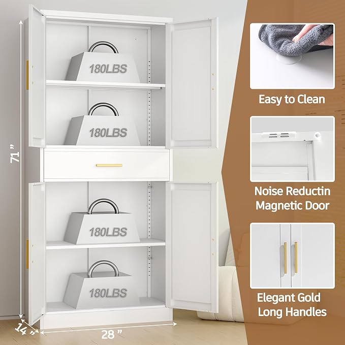 71”Tall Kitchen Pantry Cabinet, Metal Storage Cabinet with Doors and Shelves (White, 1 Drawer)