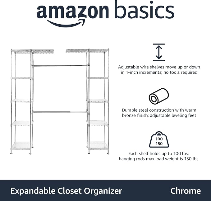 Amazon Basics Expandable Adjustable Metal Closet Organizer with Hanging Rod, Clothes Rack, Shelves, 57-80 x 14 x 72 inches (LxWxH), Chrome