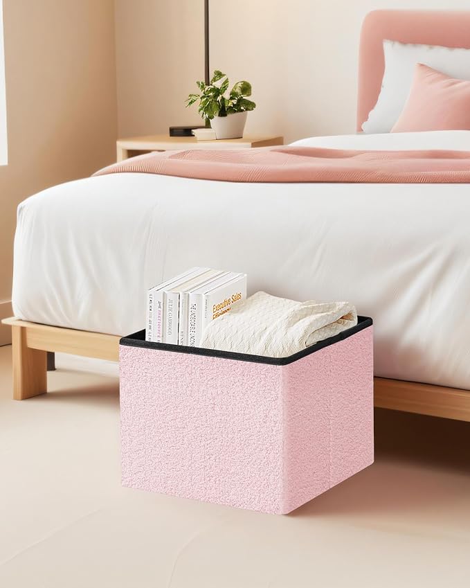 Small Ottoman with Storage, Sherpa Storage Ottoman Cube, Boucle Folding Foot Rest for Dorm, Living Room, Bedroom, Pink, 16.5"x12.6"x12.6"
