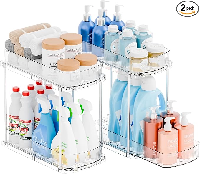 2 Pack 13.8″ Deep 2 Tier Under Sink Storage Organizer,Large Pull Out Bathroom Organizers and Storage,Slide Out Acrylic Undersink Storage Shelf,Kitchen Under Sink Organizer for Cleaning Products