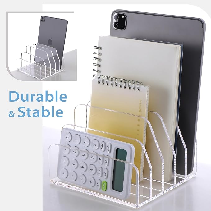 SANRUI Acrylic Bill Letter Organizer Holder for Desk, Clear 5 Compartments | Laddered Mail Sorters, Multifunction Desktop Envelope Folder Racks Document Holders for Office, Home, School