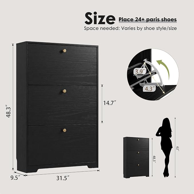 Nicetree Shoe Cabinet with 3 Flip Drawers, Entryway Shoes Organizer, Black | Narrow Shoe Organizer, Freestanding Shoe Rack Cabinet, Modern Shoe Storage Cabinet for Entryway, Hallway, Foyer, With Hook
