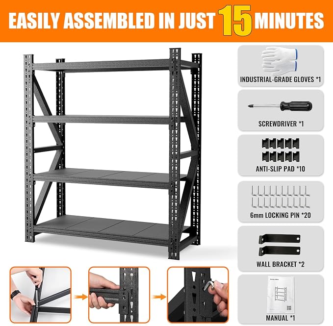 4000LBS 4 Tier Garage Storage Shelves, Heavy Duty Adjustable Storage Rack for Warehouse, Basement, Shop and Office, Commercial-Grade Steel Organizer, 59" W x 24" D x 69" H