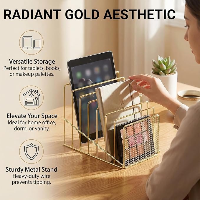 Gold Desk Organizer 7 Slot Inclined Vertical File Folder Holder Sorter with Mesh Front Metal Wire Rack for Mail, Slim Binders, Books Office Organization Desktop Accessories
