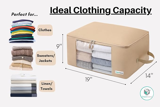 2 Pack Clothing Storage Bags Clothes Organizer folding fabric bags for sweaters, clothing, garment, bedding, quilt, linens, large folding organizers with zip & window (2 Pack Beige)