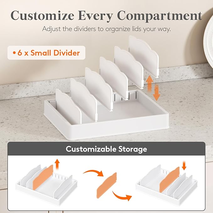 Lifewit Kitchen Cabinet Organizer for Food Contanier Lid, Lid Holder with 6 Adjustable Dividers & 7 Sections for Pantry Organizers and Storage, Home Drawer Organization, Large, 13" x 10"