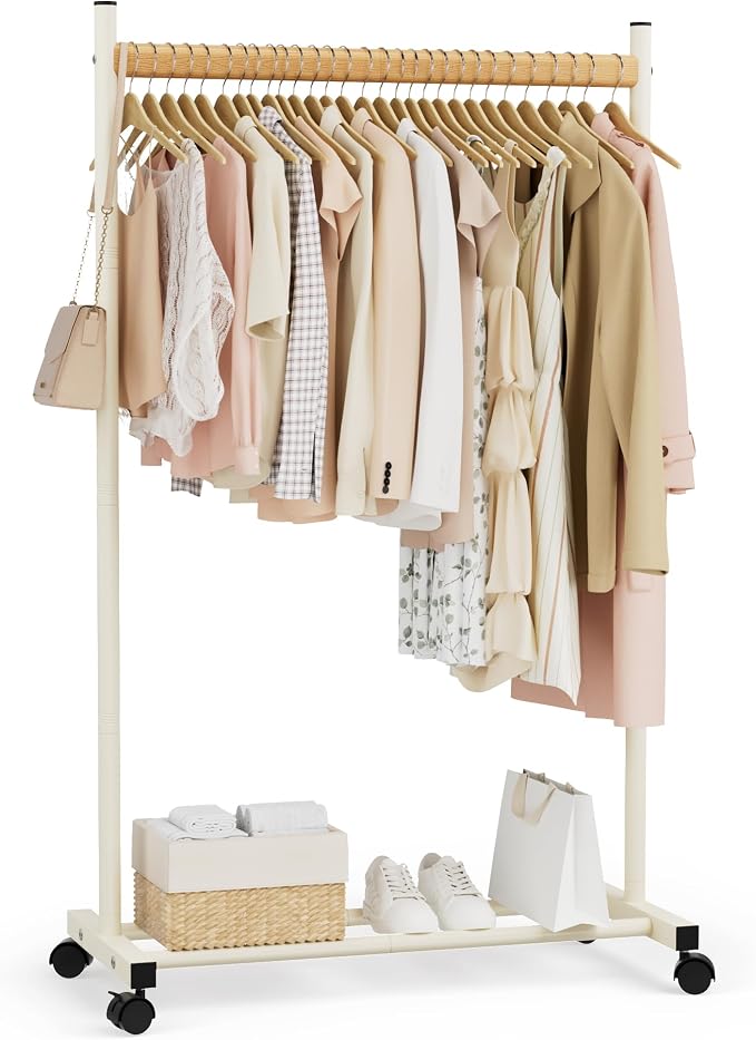 White Clothing Rack for Hanging Clothes, Portable Rolling Clothes Rack with Wheels, Heavy-Duty Metal Garment Racks with Bottom Shelf, Large Load Capacity & Easy Assembly