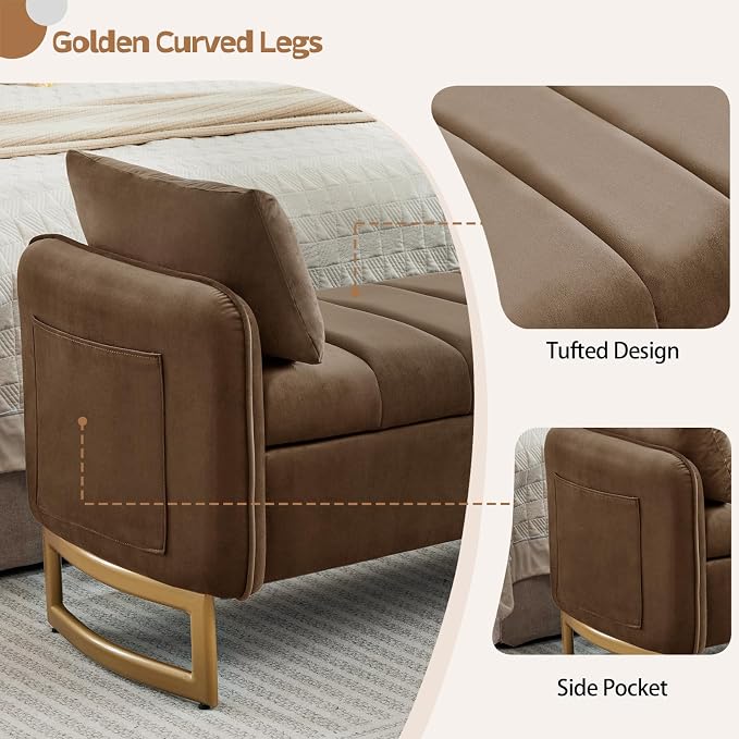 66'' King Size Storage Bench for Bedroom, Teddy Boucle End of Bed Benches for Foot of Bed, Storage Ottoman Bench with Golden Legs and Pockets for Living Room Window Entryway, Blrown