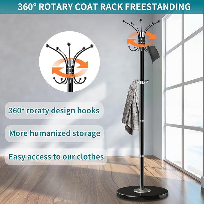 OIRUMIE Coat Rack,360°Rotary Coat Rack Stand,Coat Hanger Stand for Entryway | Metal Coat Rack Freestanding with Natural Marble Base & 14 Hooks,Black Modern Coat Stand, Clothes Hall Stand for Hallway