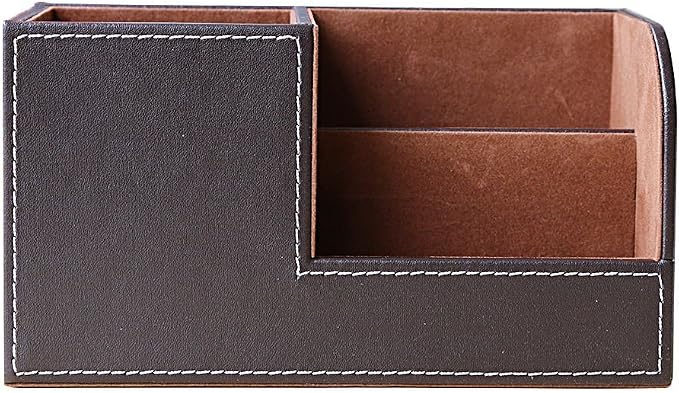 Desk Organizer Office Supplies Caddy Pu Leather Multi-function Storage Box Pen/Pencil,Cell phone, Business Name Cards Remote Control Holder Brown