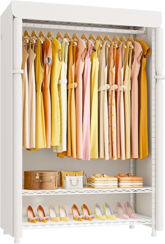 H5C Plus Clothes Rack with Cover, Covered Clothing Rack Heavy Duty | Garment Rack with Shelves, 3-Tier Portable Closets for Hanging Clothes, Max Load 370LBS, White Closet Racks with White Cover