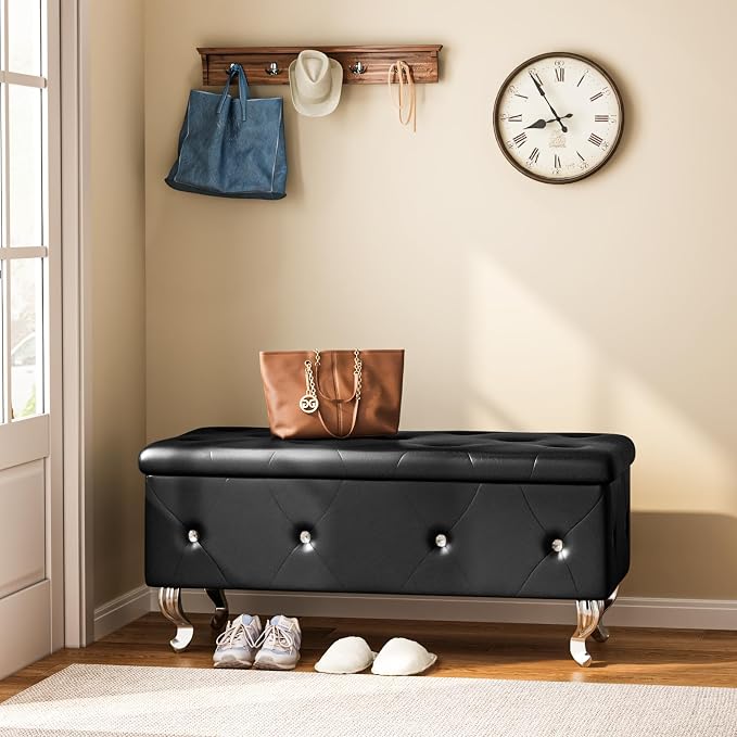 Recaceik Ottoman with Storage, Small Upholstered Storage Bench for Bedroom, Ottoman Bench with Legs for Living Room, End of Bed, Entryway, Window, Black