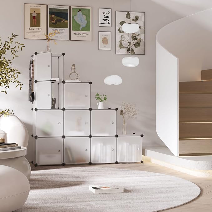 C&AHOME 12-Cube Storage Organizer with Door Cube Shelf Closet Cabinet White | DIY Plastic Modular Bookshelf, Stackable Clothes Storage Shelving Ideal for Home, Bedroom, 36.6”L x 12.4”W x 48.4”H