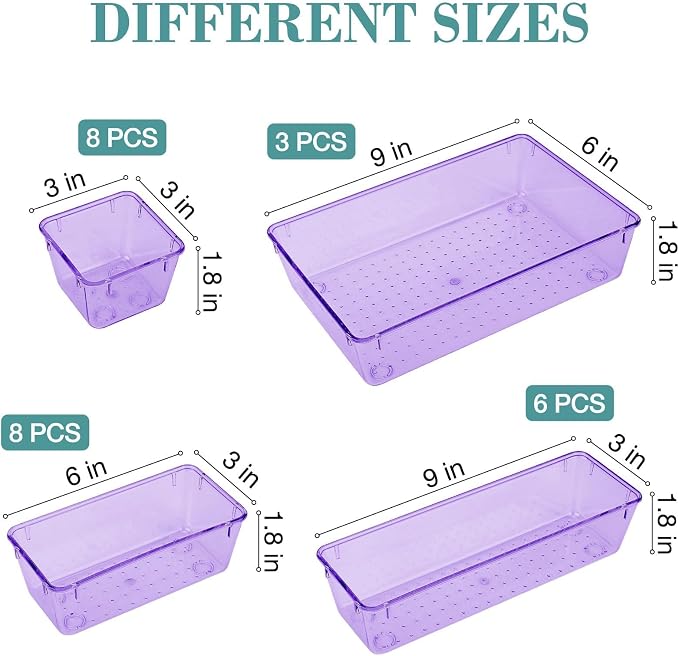 StorMiracle 25 PCS Drawer Organizer Set, 4 Varied Size Bathroom and kitchen Drawer cabinet organizer Trays, Clear Storage Bins for Makeup, Jewelry, Utensils and Gadgets， Purple