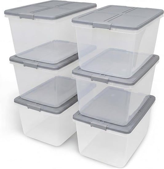 Home Logic 66 Qt Latched Storage Bin with Lid, Stackable Plastic Storage Container, Organizer for Home, Garage & Closet, 6 Pack, Gray