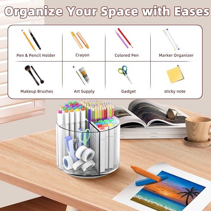 Pencil Holder for Kids, 360 Rotating Pen Holder for Desk Organizer and Storage, 4 Compartments Art Supply Marker Organizer, Pen Organizer Pencil Holder