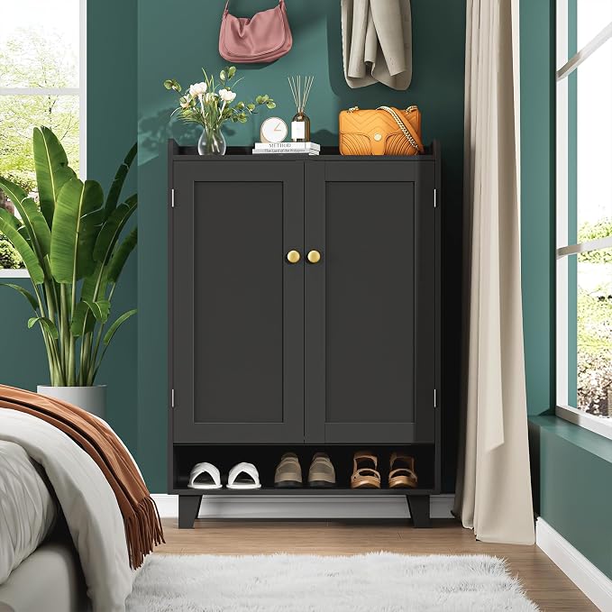 Flat-Shelf Shoe Cabinet with Doors，6-Tier Shoes Storage Cabinet with Adjustable Shelves，Wooden Shoe Rack Shoes Storage Organizer Cabinets for Entryway, Hallway, Living Room（Black）