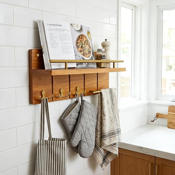 15.7” Solid Teak Wood Key Holder Wall Mount with Shelf and Hooks | Crafted from natural solid teak wood with unique grain patterns, bringing warmth and elegance to your entryway, large size