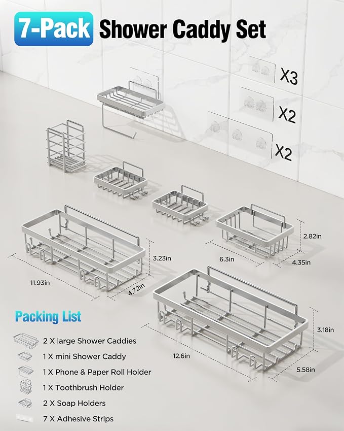 Shower Caddy 7 Pack, Adhesive Bathroom Shower Organizer for Bathroom Storage, No Drilling Large Capacity Rustproof Stainless Steel Shower Shelves Rack for Bath, Silver